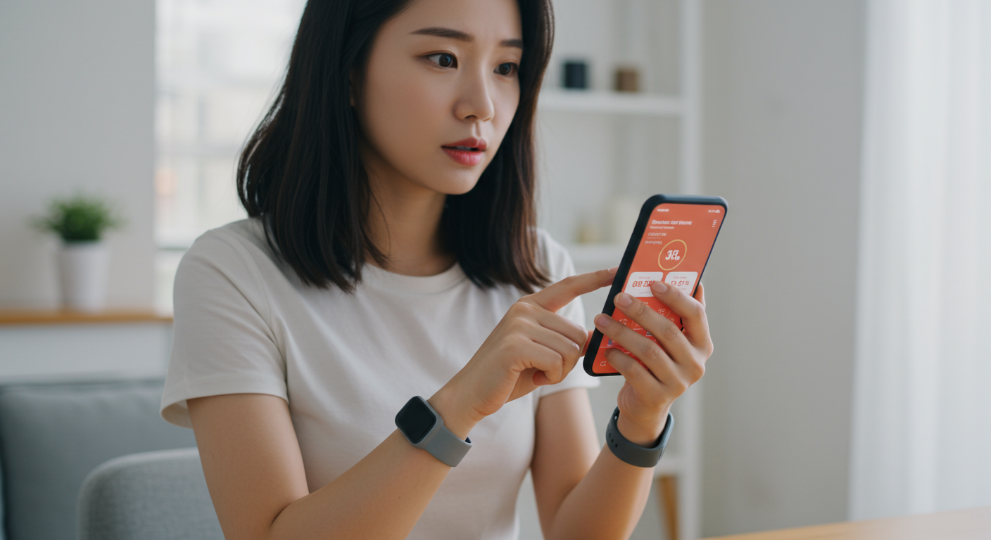 스마트 손목밴드를 착용하고 휴대폰으로 개인화된 식단 추천을 확인하는 젊은 여성