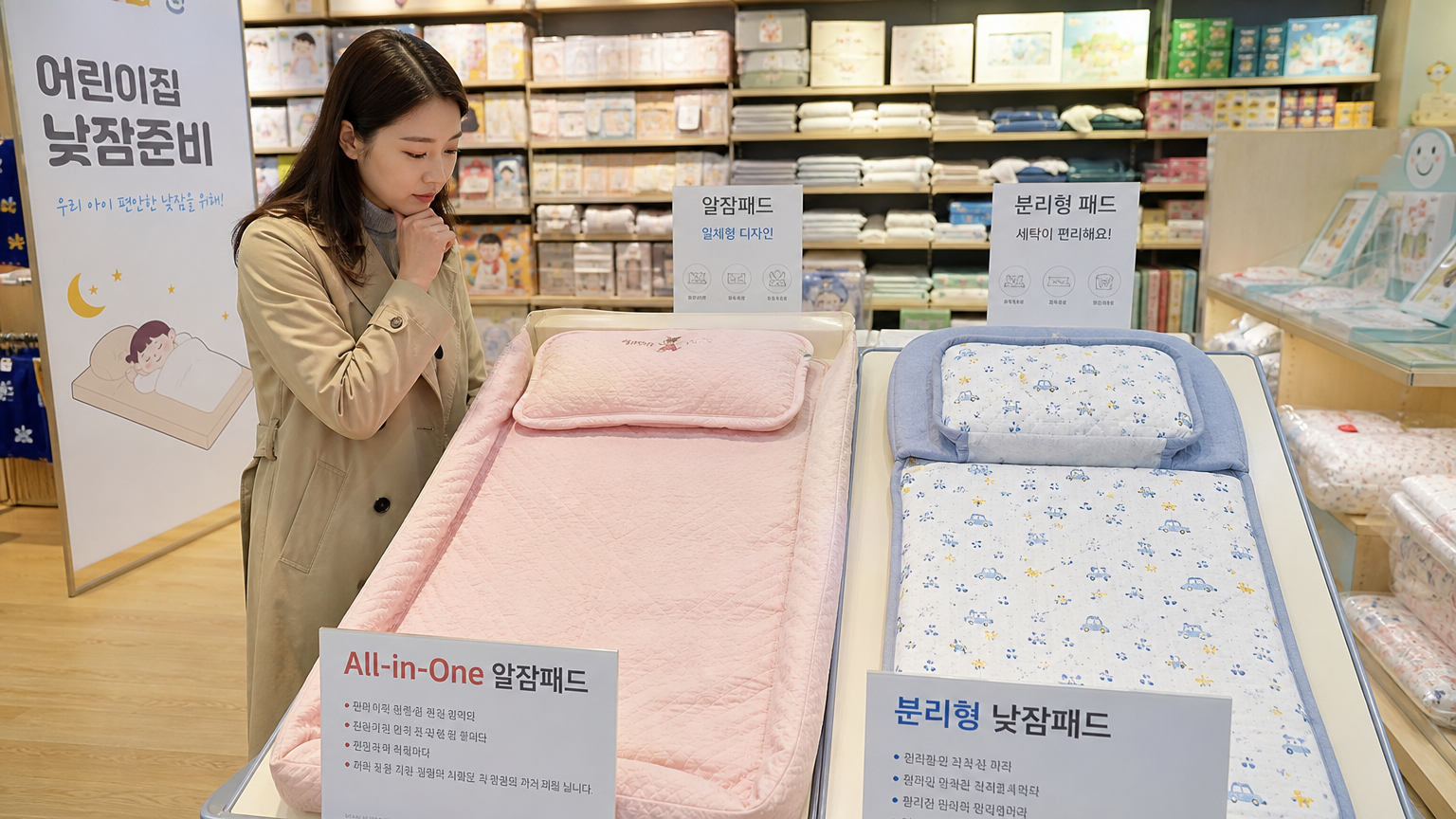 부모가 매장에서 일체형과 분리형 낮잠 패드 중 선택하는 모습