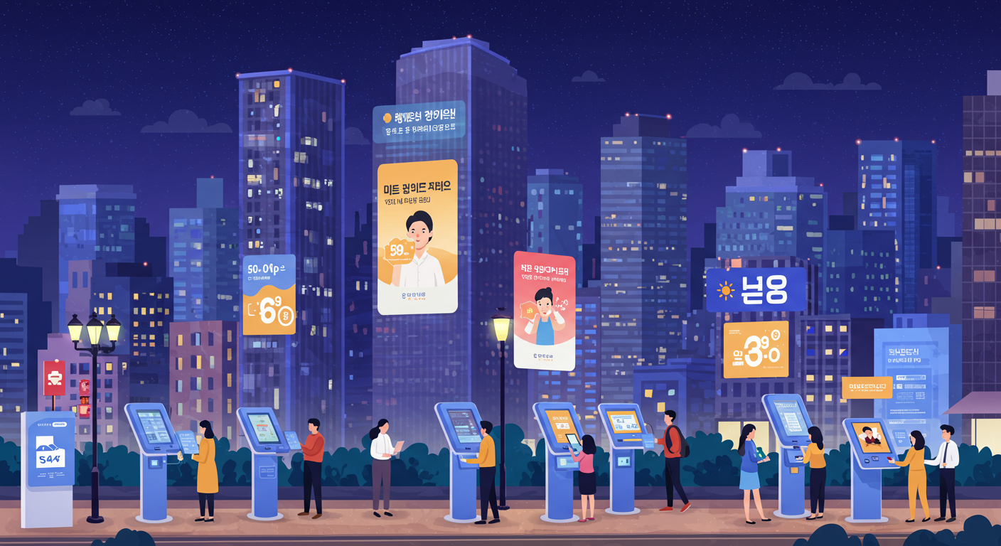 서울의 현대적인 도시 풍경 속에서 새로운 금융 제도 출범을 알리는 디지털 스크린과 다양한 사람들이 거래에 참여하는 모습