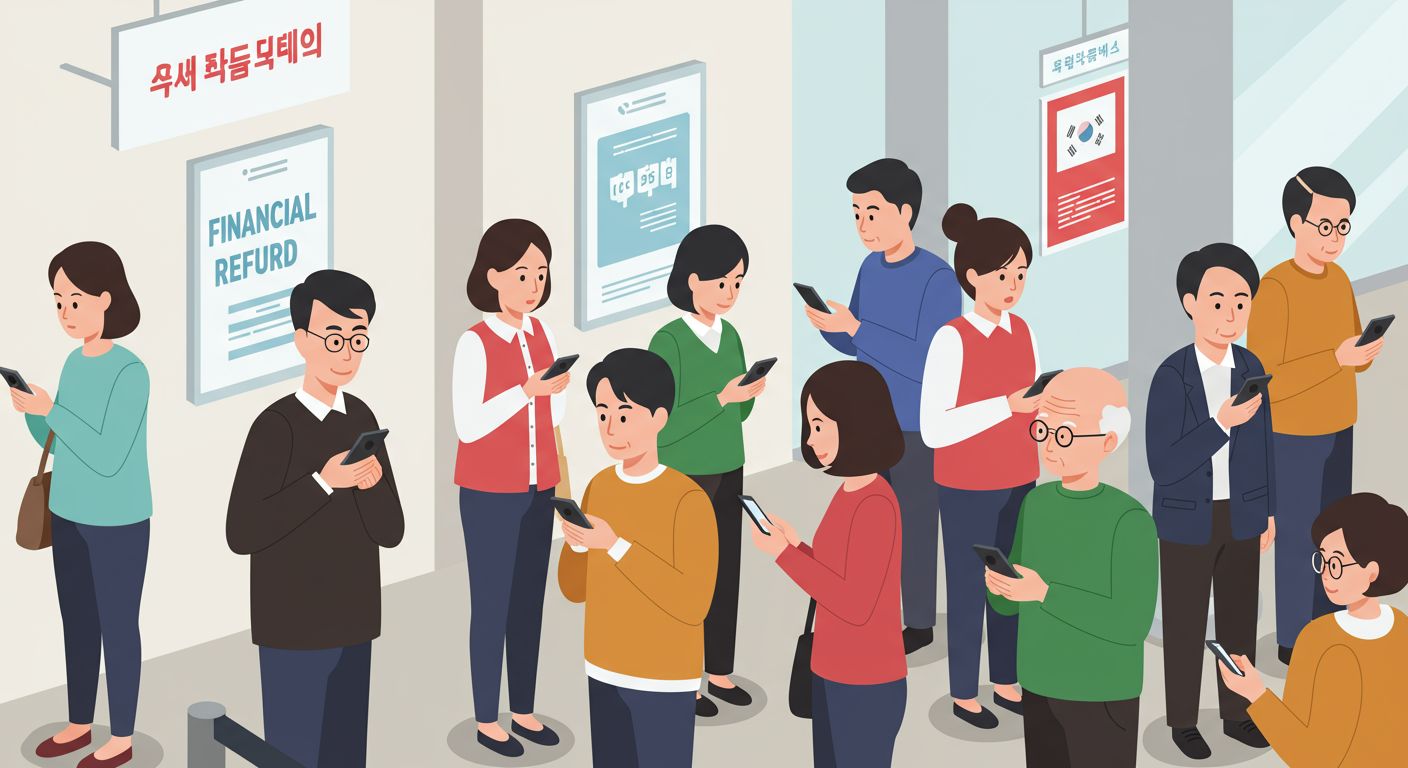 금융 환급 프로그램 자격 여부를 모바일로 확인하려는 다양한 한국인들이 줄 서 있는 모습