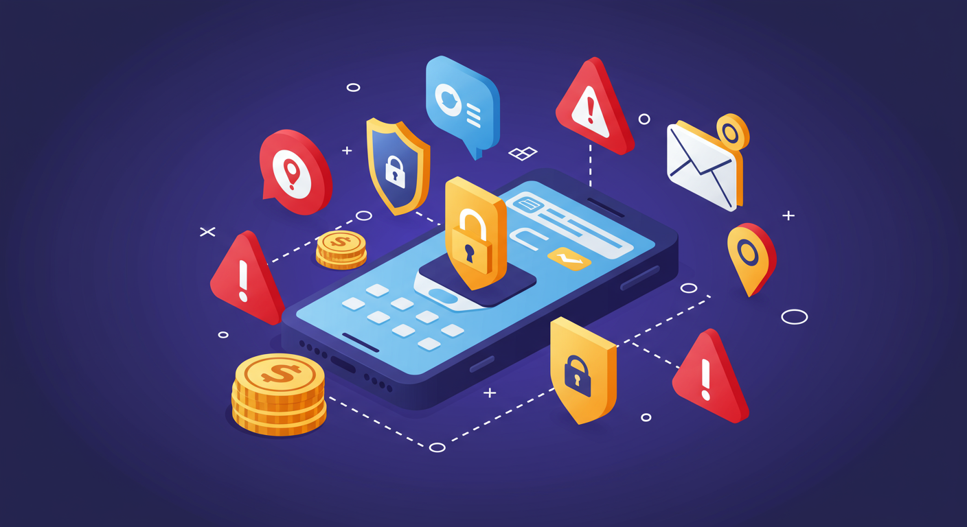 안전한 온라인 결제 방식과 사기 경고 기호를 특징으로 하는 사이버 보안 팁 삽화