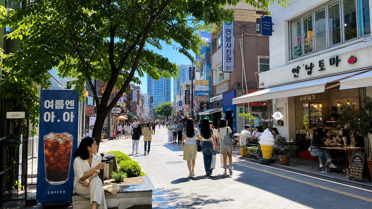 더운 여름날 서울 거리에서 사람들이 그늘을 찾고 차가운 음료를 즐기는 모습
