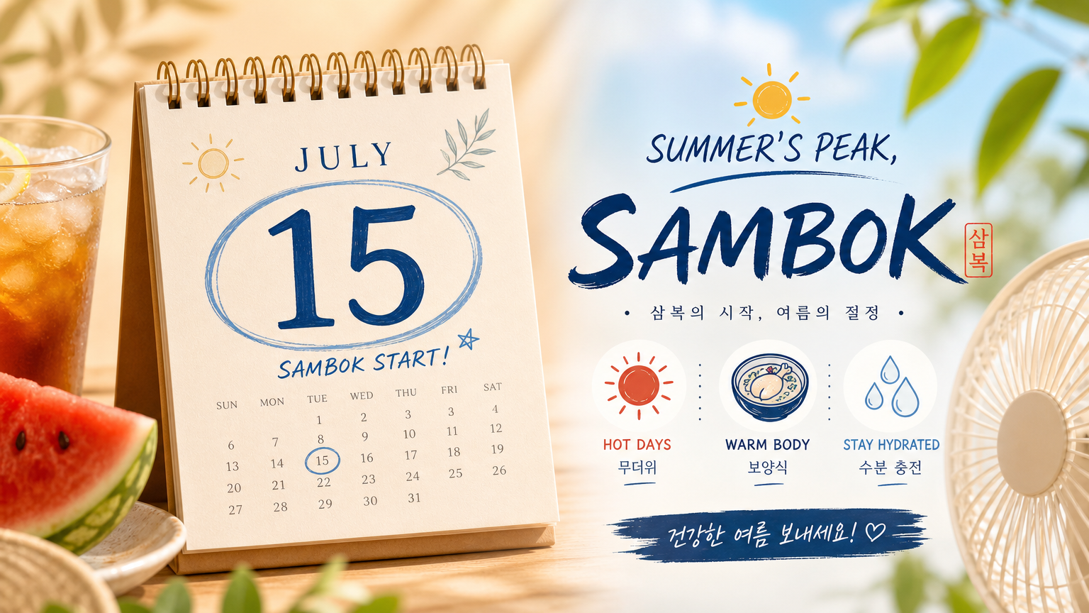 달력에 표시된 한국의 초복 날짜와 여름을 상징하는 이미지