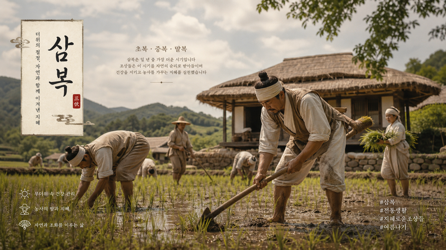 전통적인 삼복 시기의 농민들 모습과 문화적 요소들