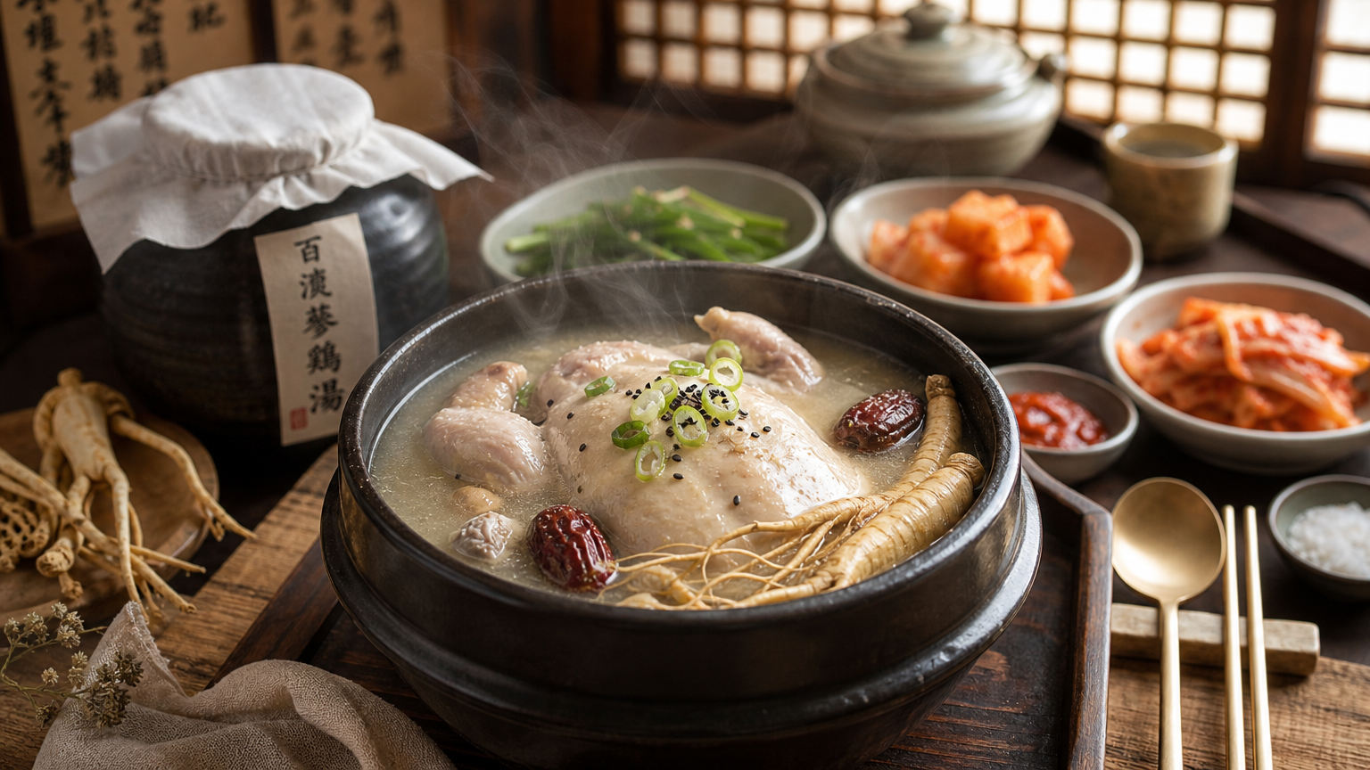전통적인 환경에서 인삼과 대추가 든 뜨거운 삼계탕 한 그릇