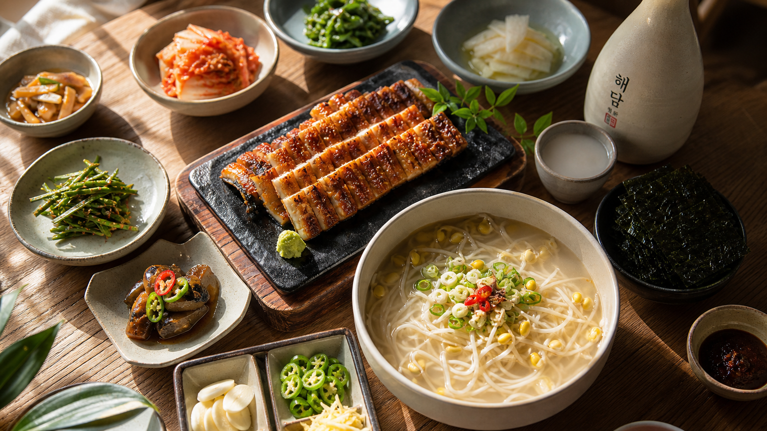 나무 테이블 위에 차려진 장어구이와 콩국수 등 다양한 한국 전통 건강 음식