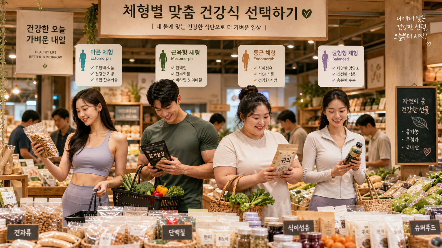 시장에서 자신의 체질에 맞는 건강식을 선택하는 다양한 사람들의 모습