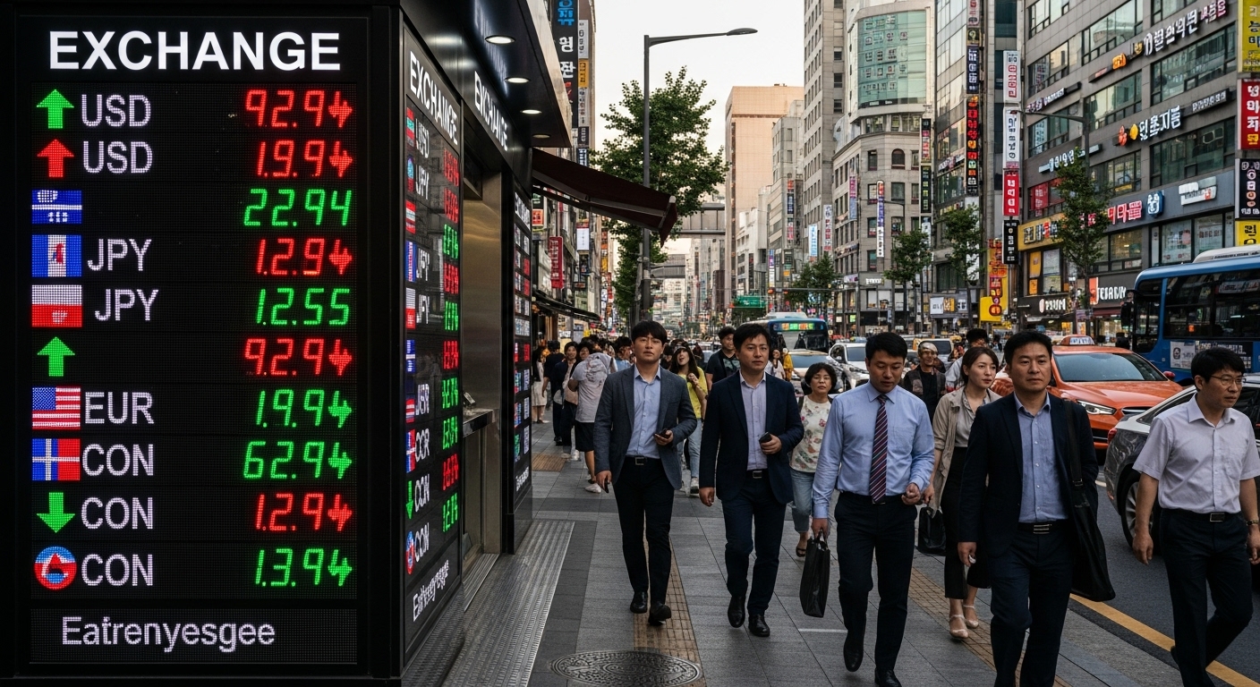 서울의 환전소 앞 전광판에 표시된 변동하는 환율과 지나가는 사람들의 분주한 모습