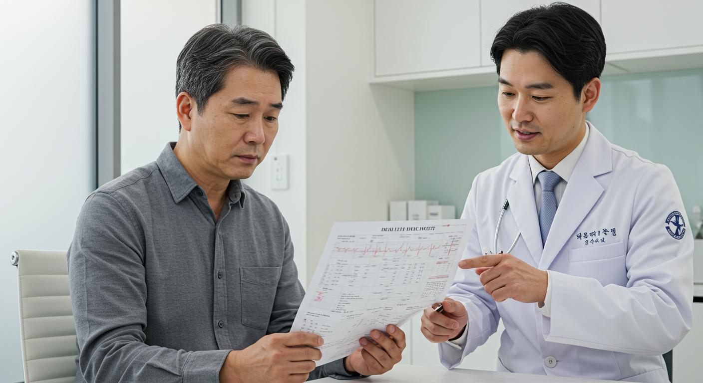 현대식 병원에서 건강검진 결과를 보고 있는 중년 남성과 의사
