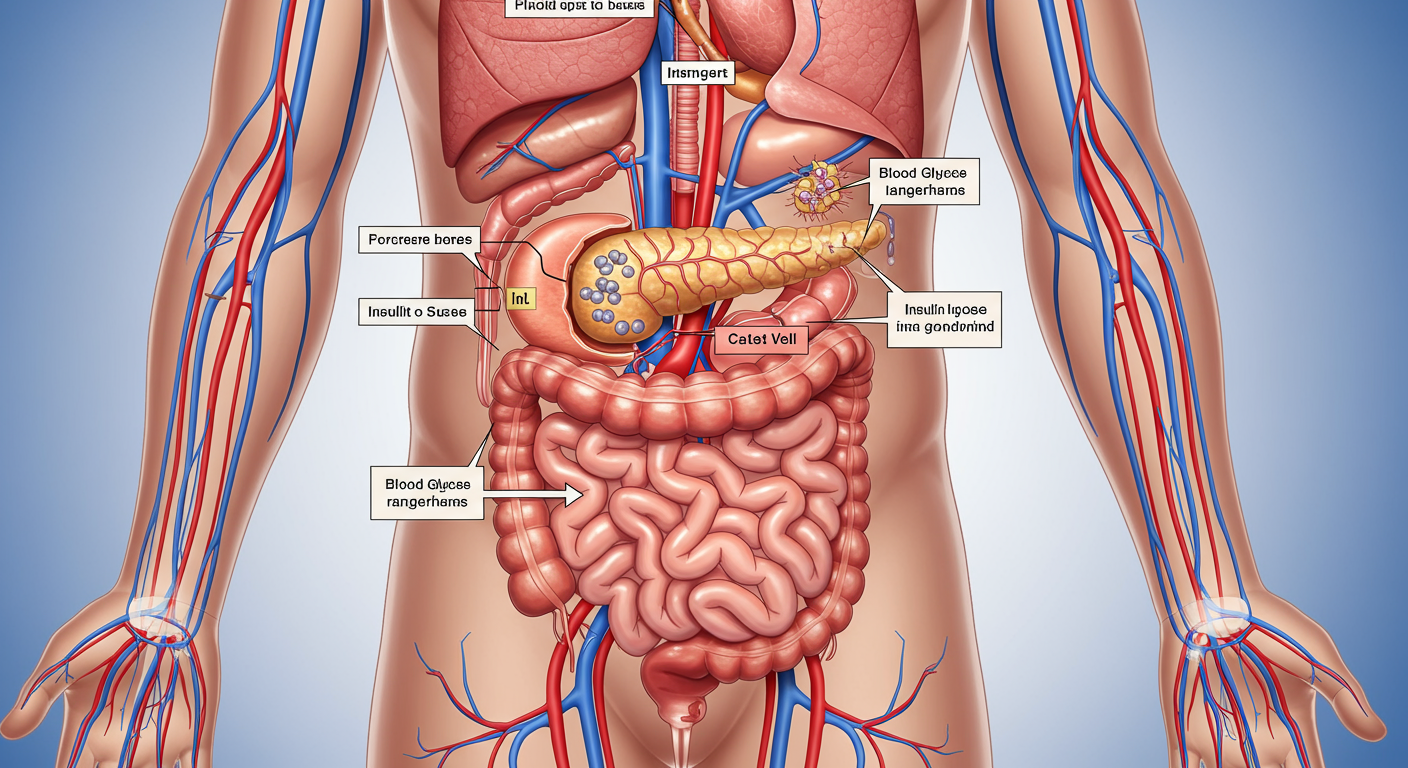 인체 내 혈당과 인슐린 작용 과정을 보여주는 의료 교재 스타일의 도표