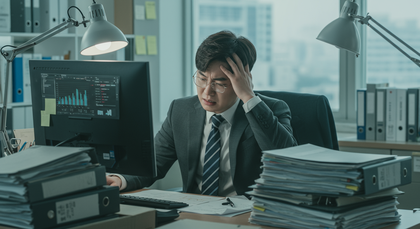 책상에 쌓인 서류와 그래프 화면으로 스트레스를 받는 바쁜 사무직 한국인의 모습- 당뇨