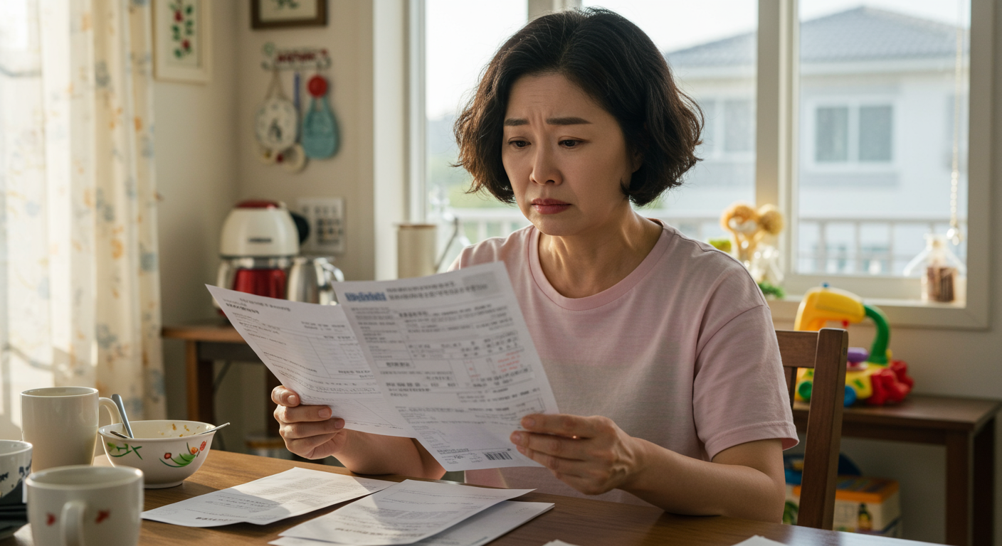 가정에서 의료비 청구서와 가족 예산을 걱정스럽게 검토하는 중년 여성