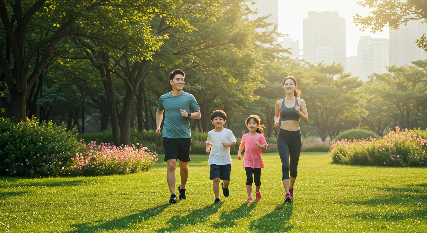 도시 공원에서 건강한 생활습관 유지를 위해 아침 운동을 하는 한국 가족