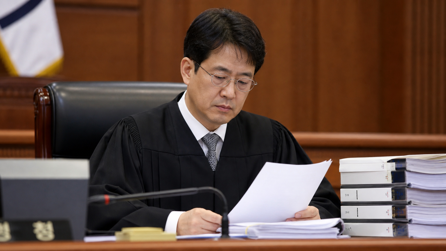 법정에서 검은 법복을 입고 있는 현대 한국 남성 판사