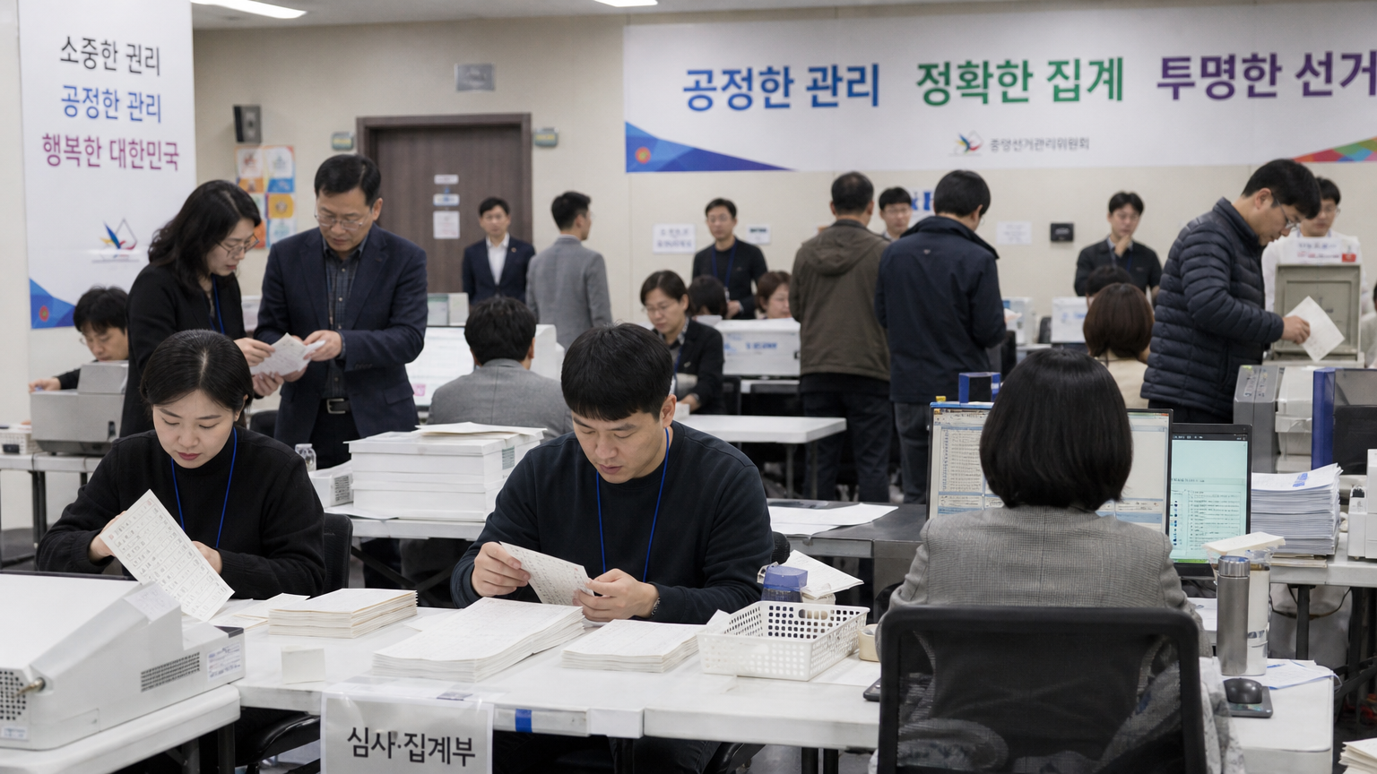 투표 용지를 다루고 있는 바쁜 선거 사무실 환경의 한국 관리들