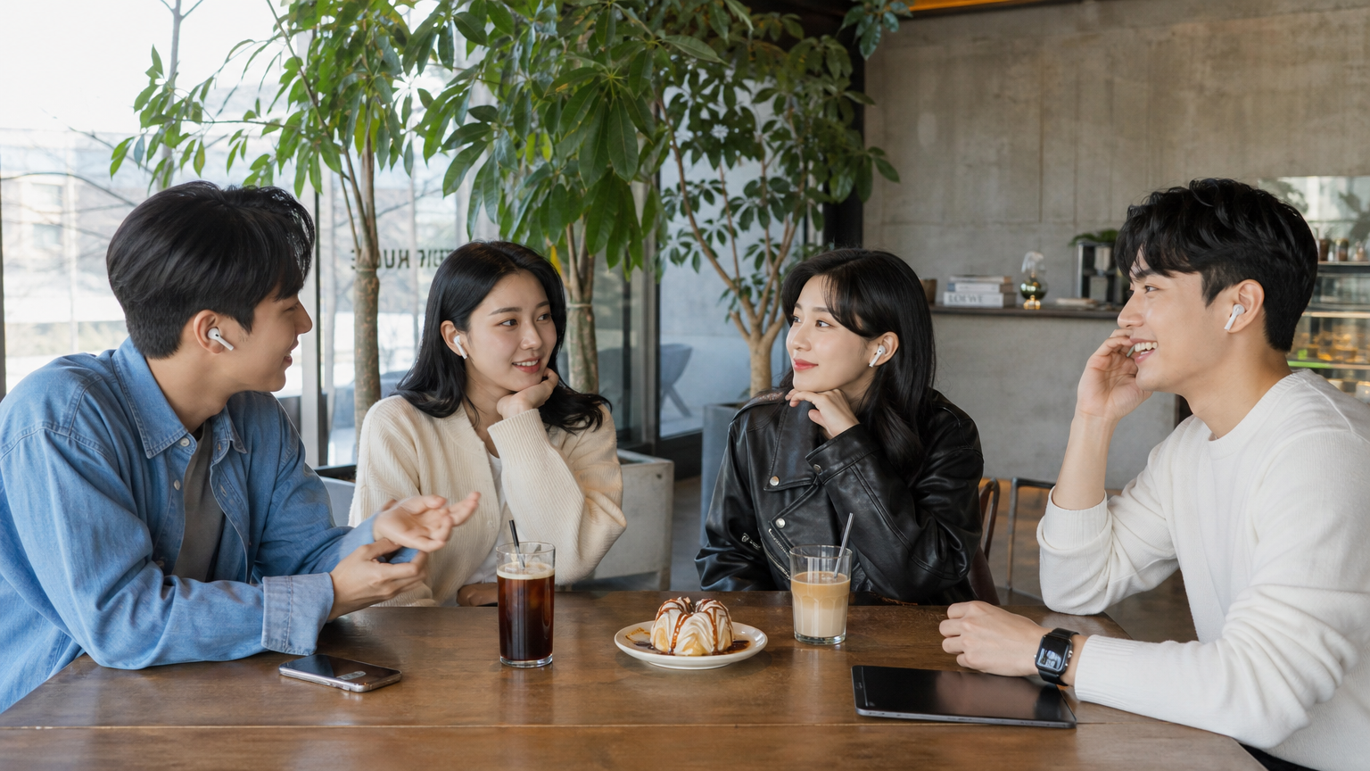 현대적인 인테리어의 한국 카페에서 무선 이어폰으로 음악을 듣는 젊은이들