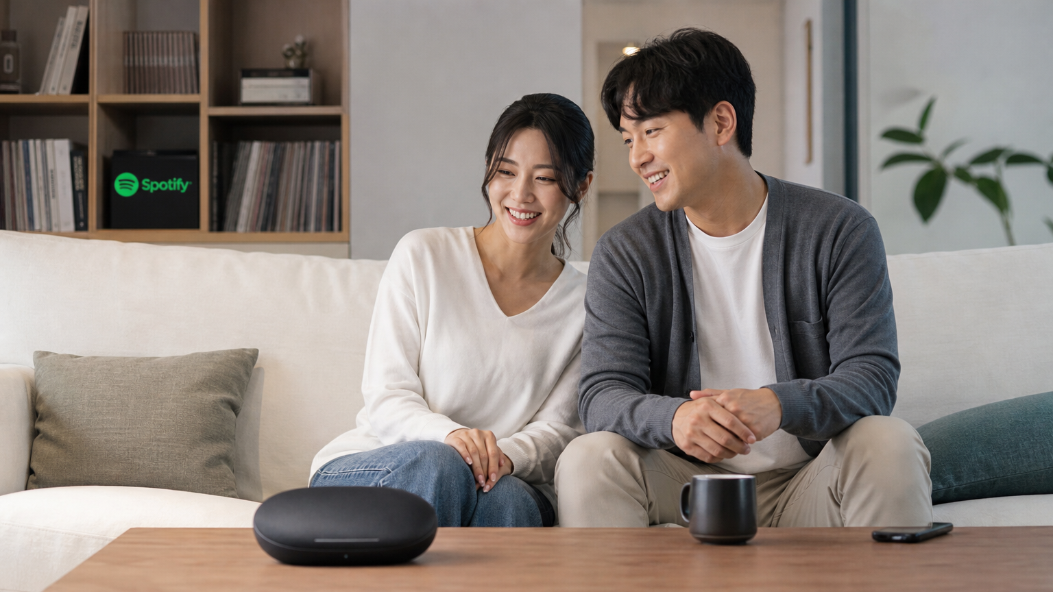스마트 스피커 시스템을 통해 음악을 즐기는 커플의 거실 풍경