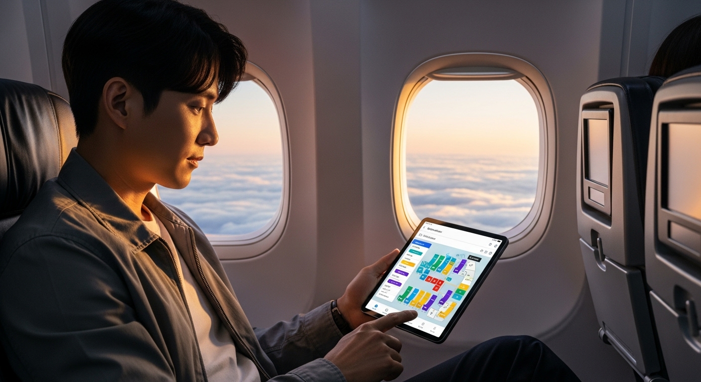 한국인 승객이 비행기 창가에 앉아 태블릿으로 좌석 배치를 보고 있는 모습