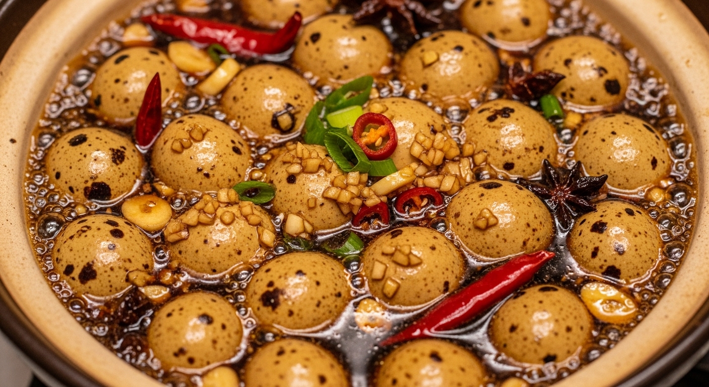 간장 베이스 국물에 조려지는 윤기 나는 메추리알의 근접 촬영