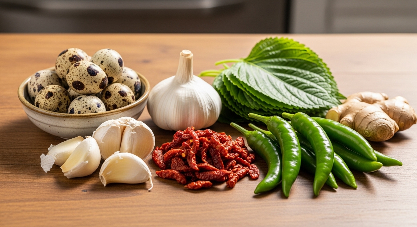 요리를 시작하기 전에 가지런히 정돈된 다양한 한국 재료들