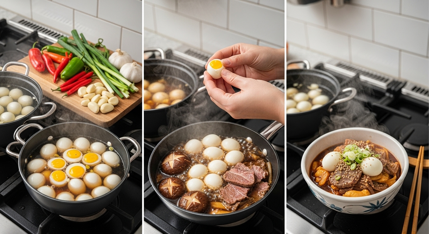 주방 스토브 위에서 증기가 피어오르는 냄비와 다채로운 재료들로 구성된 조리 과정