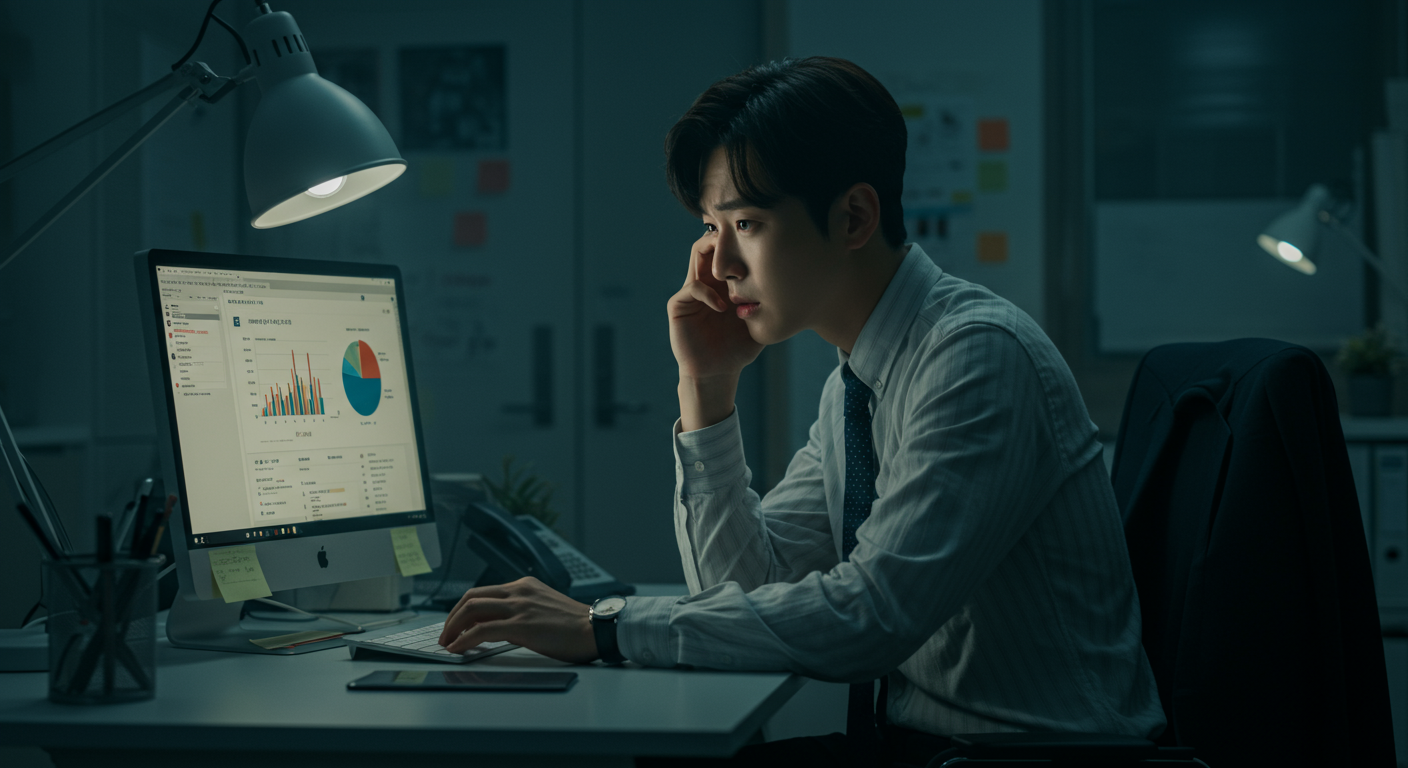 젊은 직장인이 블로그 통계 화면을 걱정스럽게 바라보는 모습, 어두운 조명으로 불확실성을 강조한 사무실 환경