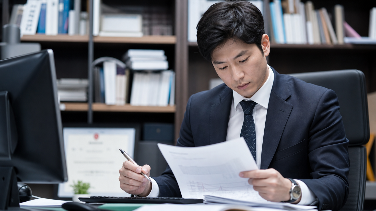 책상에서 집중하여 문서를 검토하는 전문직 종사자의 모습