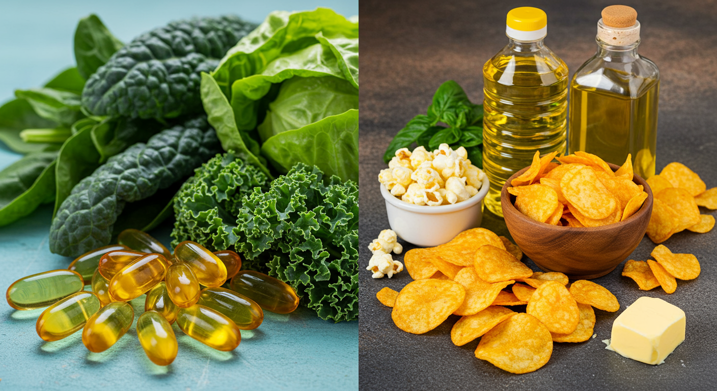 오메가3 함유 생선 기름과 채소 옆에 놓인 장면 및 오메가6 가공식품과 기름 장면의 대조