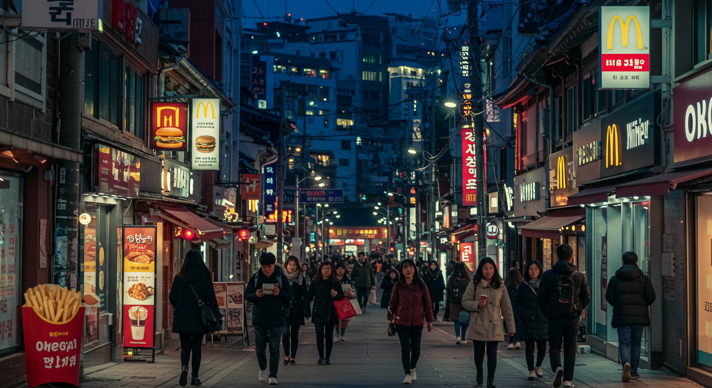 바쁜 거리에서 패스트푸드 체인점과 오메가6 함량이 높은 음식을 먹고 있는 사람들의 도시 풍경