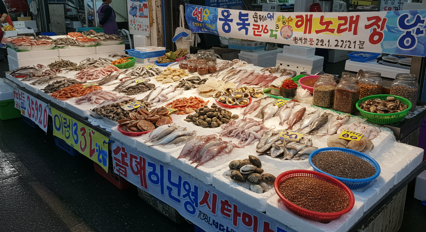 신선한 해산물과 아마씨나 치아씨드 같은 식물성 오메가3 공급원이 진열된 한국 시장의 생생한 풍경