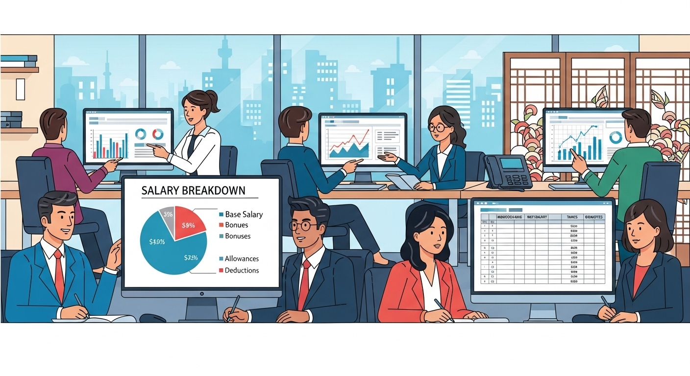 현대 사무실에서 다양한 직원들이 컴퓨터 화면을 통해 월급 명세서를 분석하는 모습
