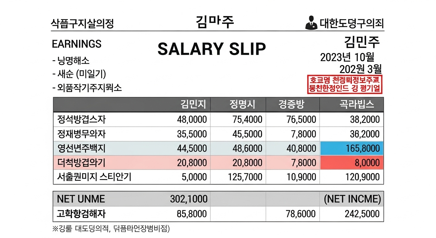 중간 수준 한국 직장인의 급여 명세서 클로즈업 이미지, 공제와 순수입 강조