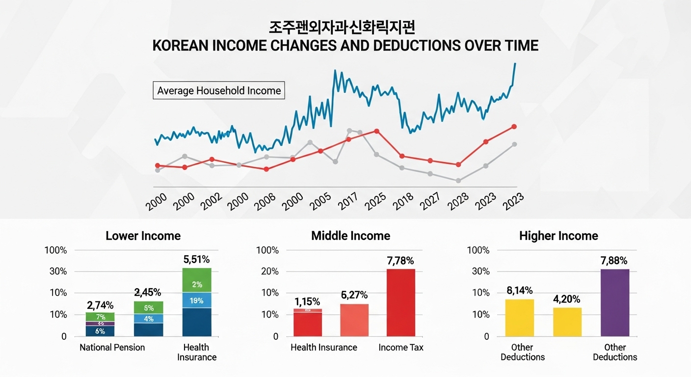 시간 경과에 따른 소득 변화를 나타내는 그래프와 다양한 소득 계층에 대한 급여 공제를 설명하는 막대 차트