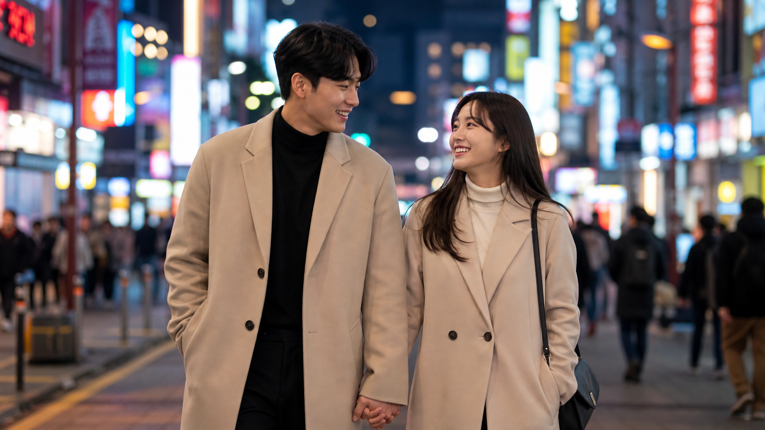 도시의 화려한 불빛 속에서 손을 잡고 걷는 한국 커플