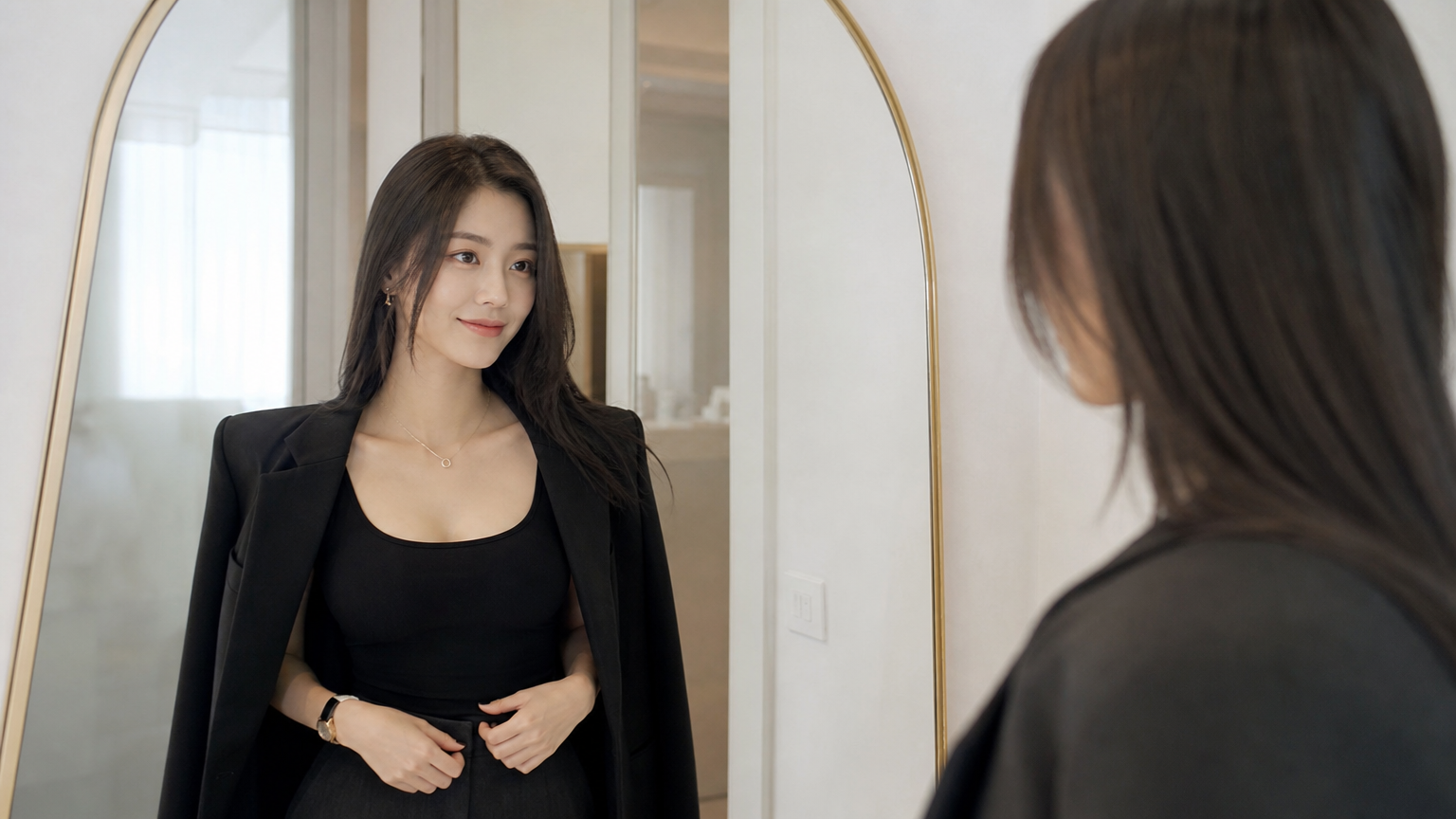 거울 앞에서 새로운 자신감을 느끼며 옷차림을 가다듬는 여성