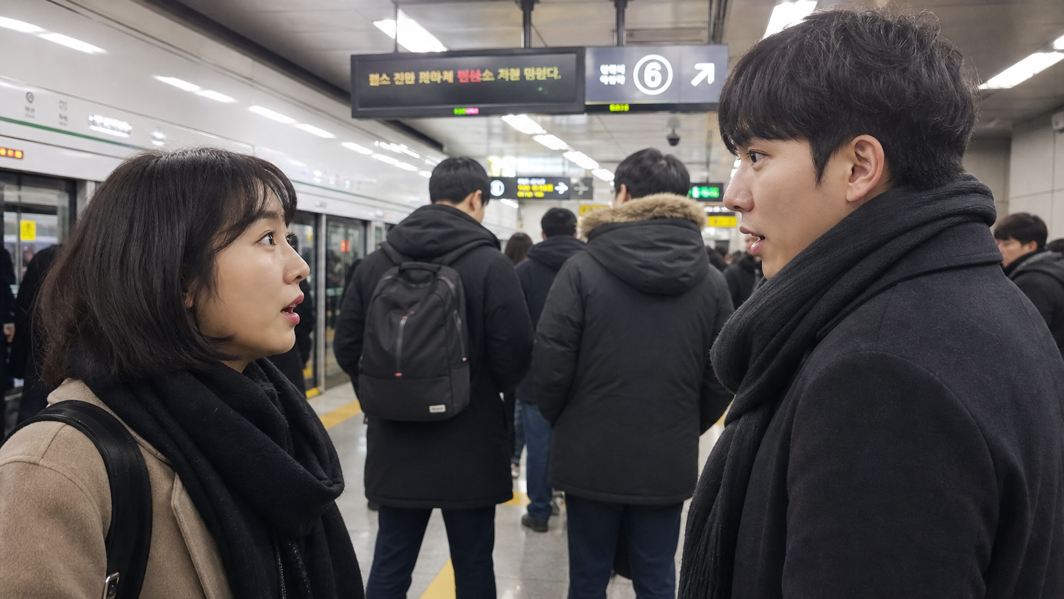 붐비는 지하철역에서 우연히 마주친 두 사람