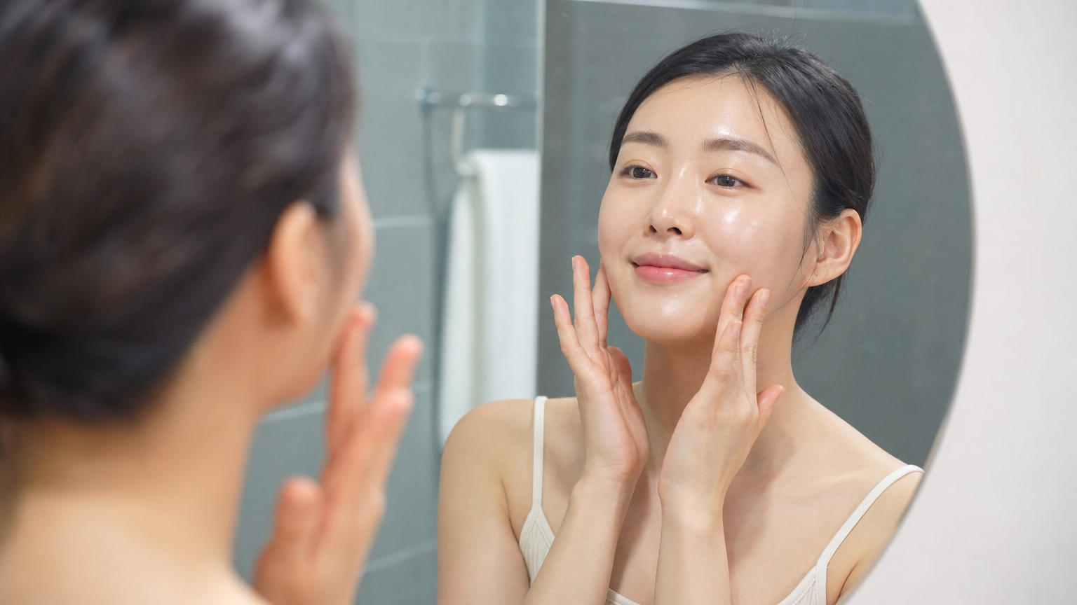 현대적인 여성이 거울 앞에서 얼굴 마사지를 하며 피부가 맑고 촉촉해진 모습을 보여주는 장면