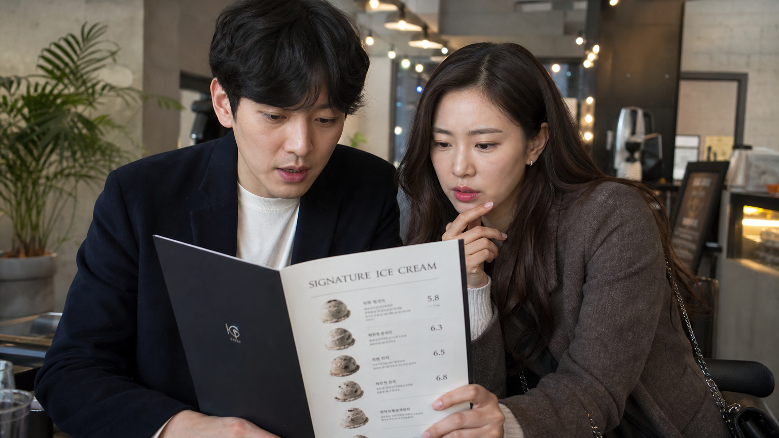 카페에서 고급 아이스크림 가격을 보고 있는 커플