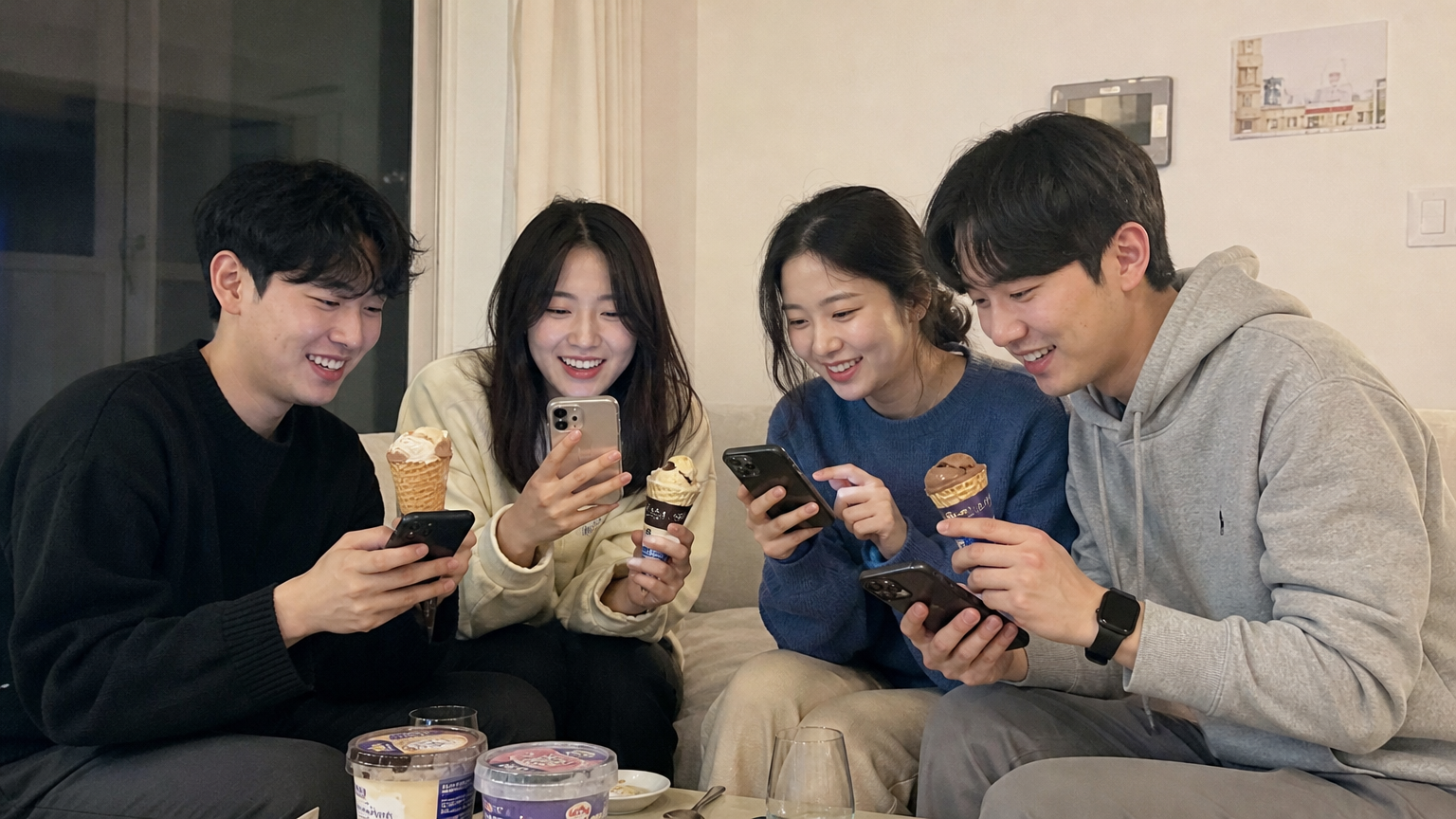 거실에서 아이스크림을 먹으며 스마트폰으로 후기를 공유하는 친구들