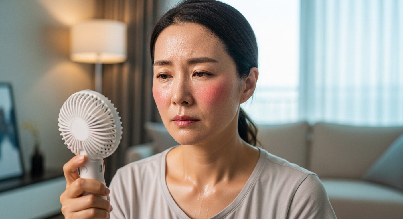 집에서 더위에 시달리며 선풍기를 들고 있는 중년 여성이 고민하는 모습
