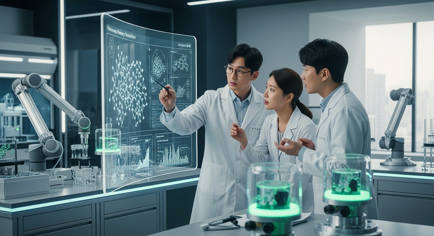 첨단 실험실에서 디지털 화면을 통해 연구하는 한국인 연구진