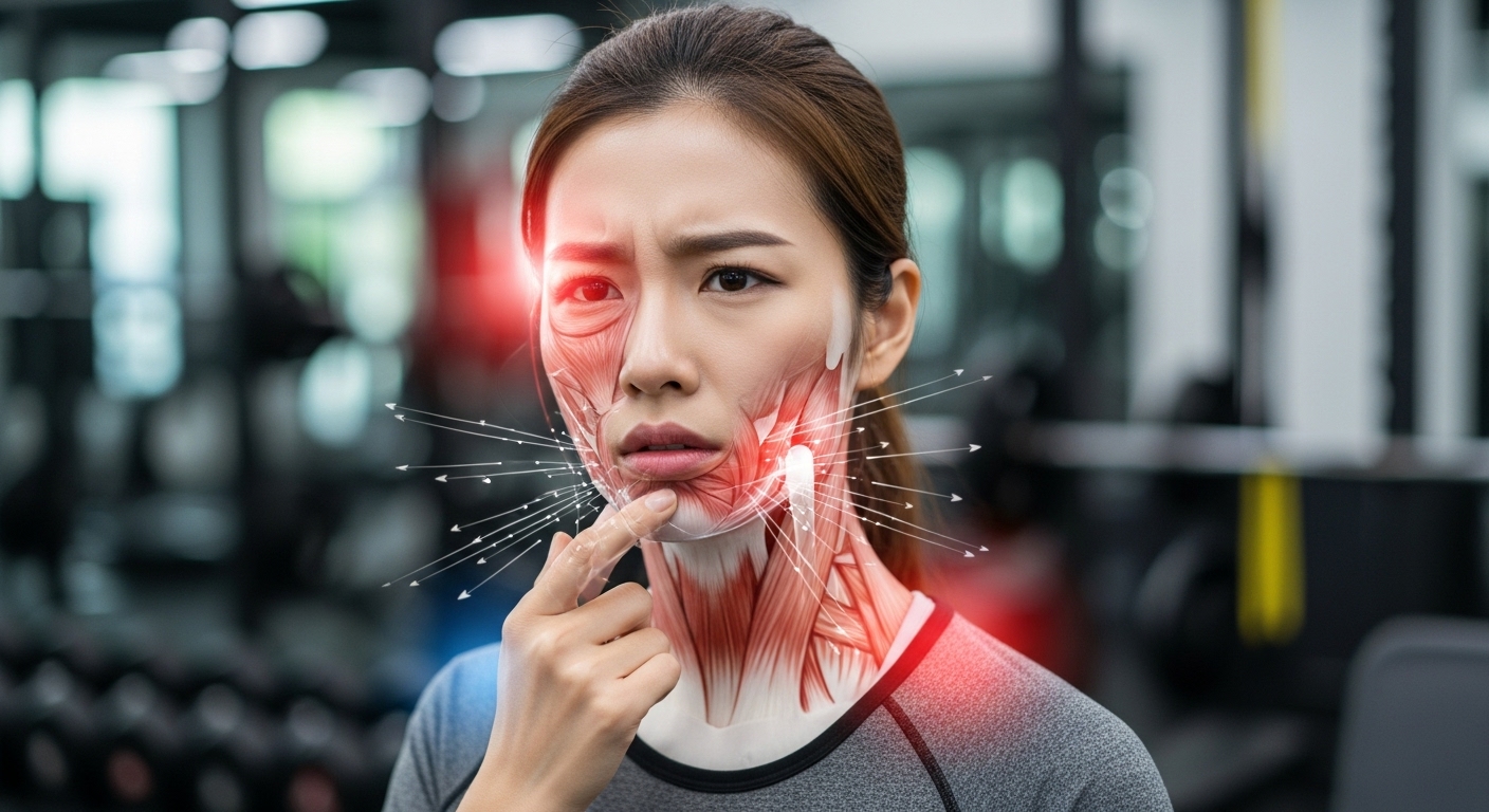 체육관에서 턱 불편함을 느끼는 여성의 모습과 근육 불균형 시각화