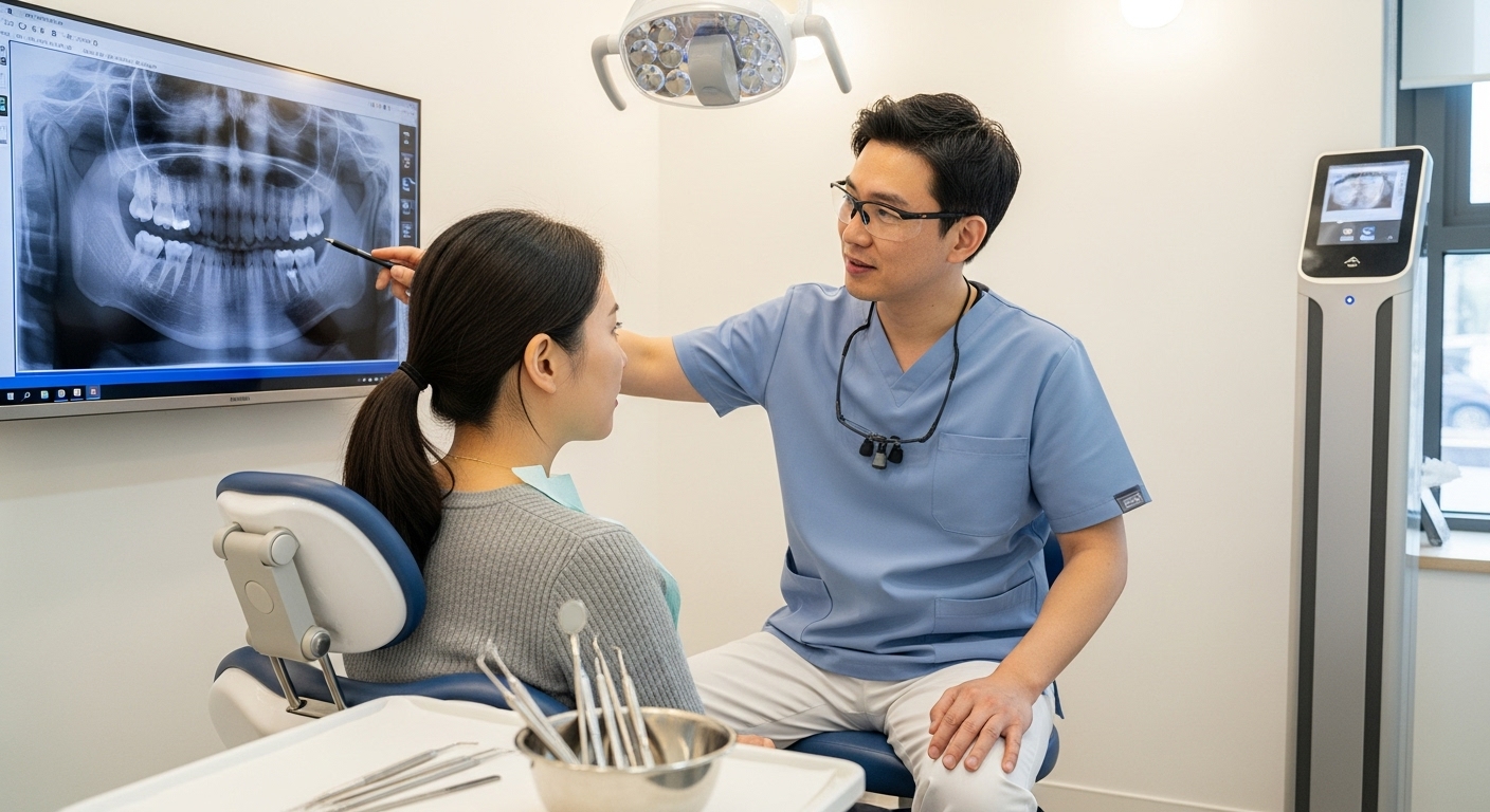 환자의 턱을 검사하고 있는 치과 의사의 모습 및 치료 상담 장면