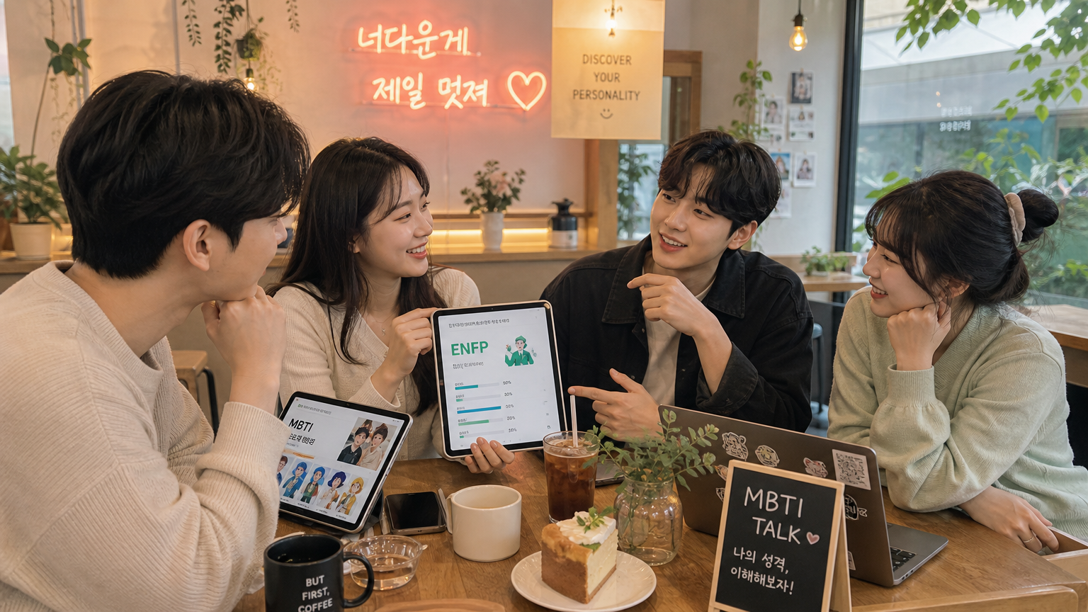현대 한국 사람들이 카페에서 성격 테스트에 대해 토론하는 모습