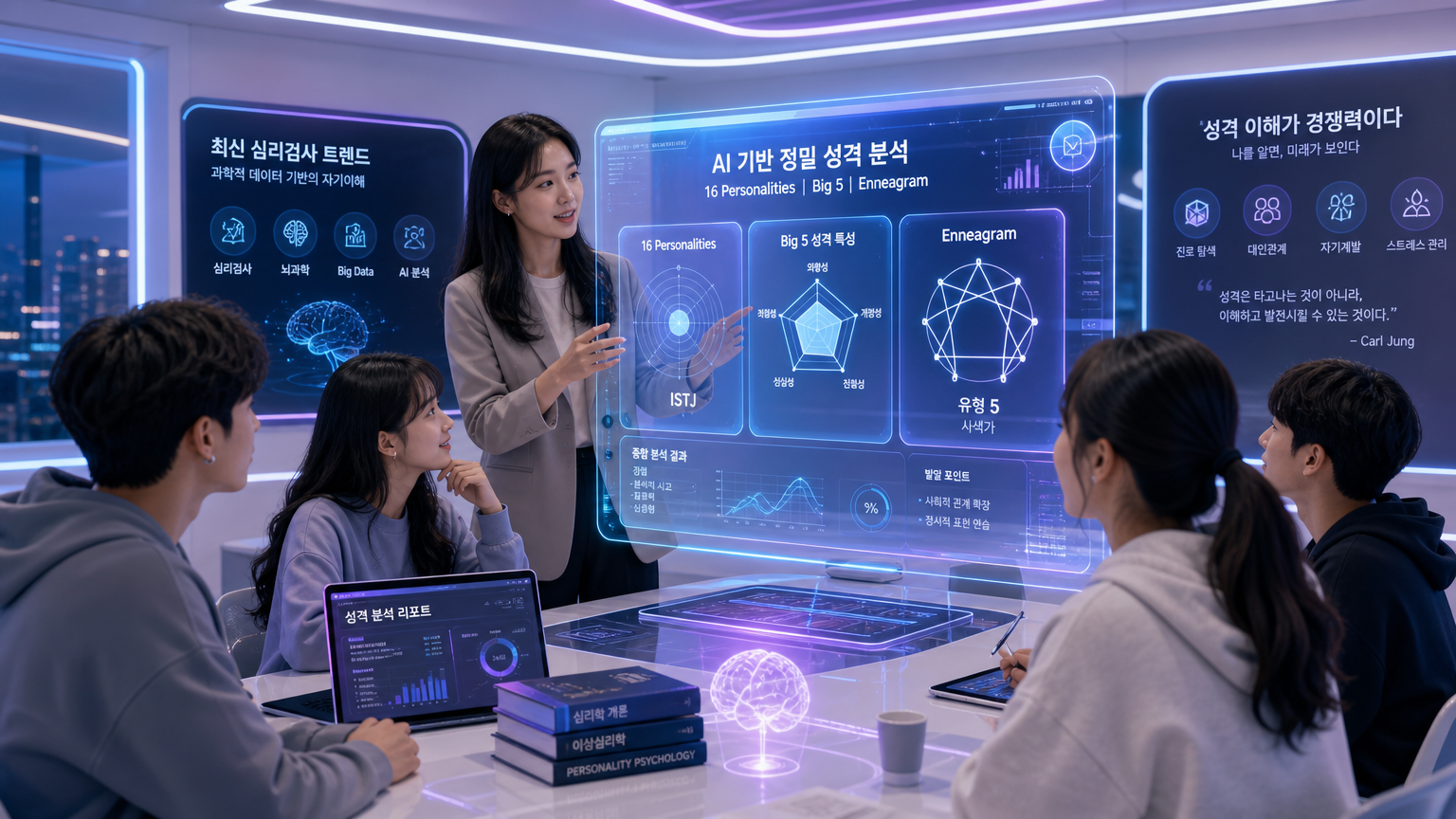 미래 지향적인 교실에서 학생들이 홀로그램으로 성격 검사를 논의하는 장면