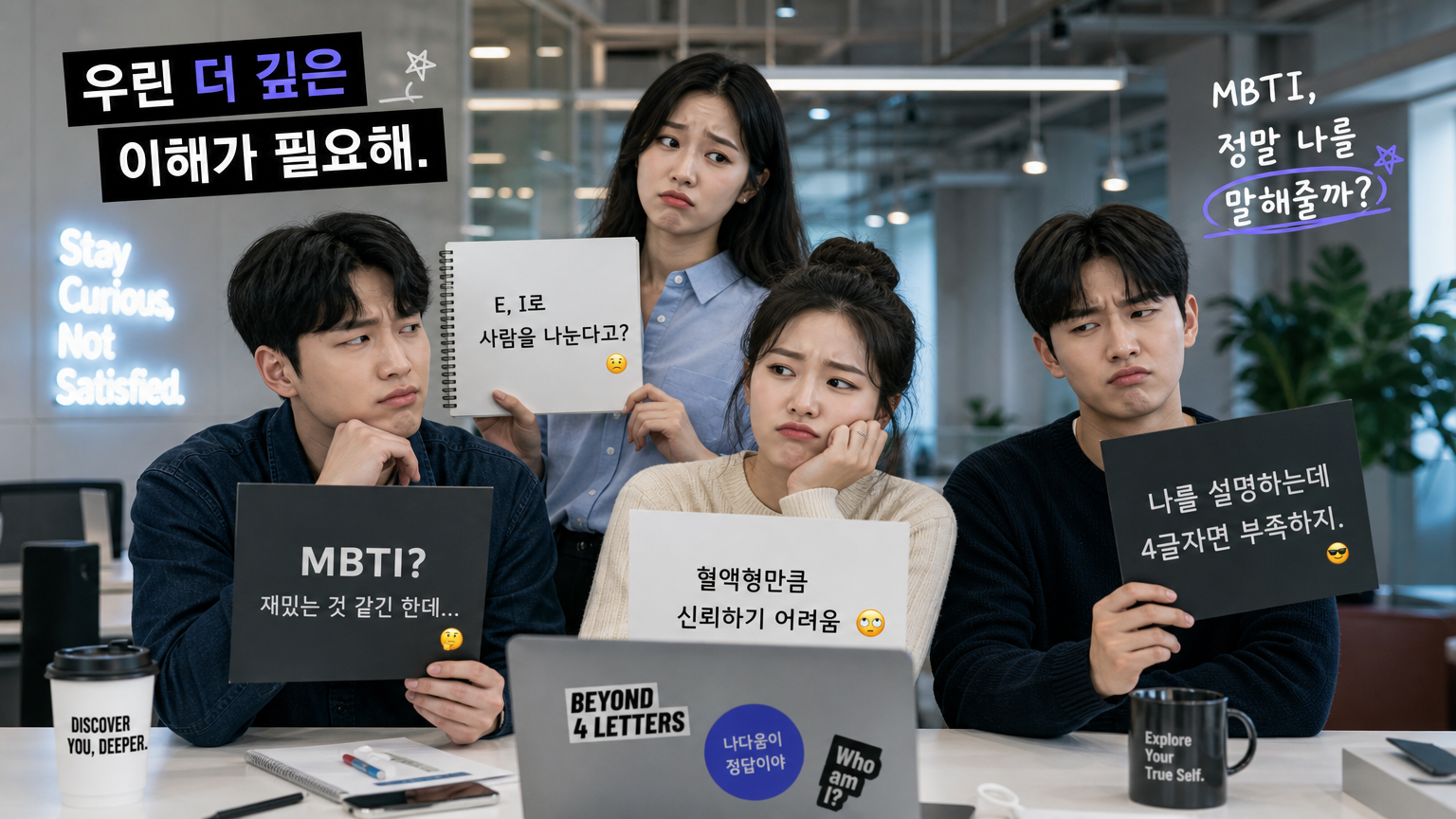 젊은 한국인들이 현대적 사무실에서 전통적인 MBTI 테스트에 대한 회의를 표명하는 모습