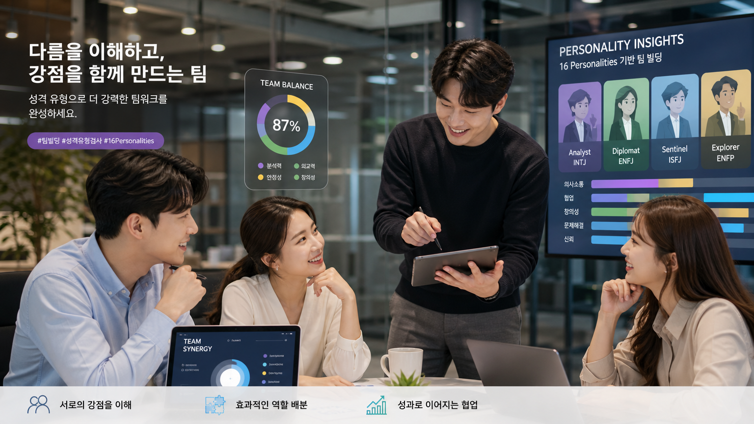 기술 친화적인 사무실에서 팀 빌딩을 위해 성격 테스트 결과를 사용하는 한국 비즈니스 전문가들