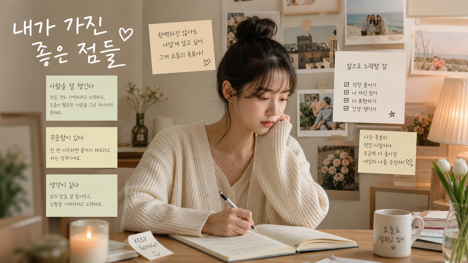가정에서 자신의 성격 특성을 반성하며 가족 사진과 메모가 주변에 있는 내성적인 한국인들