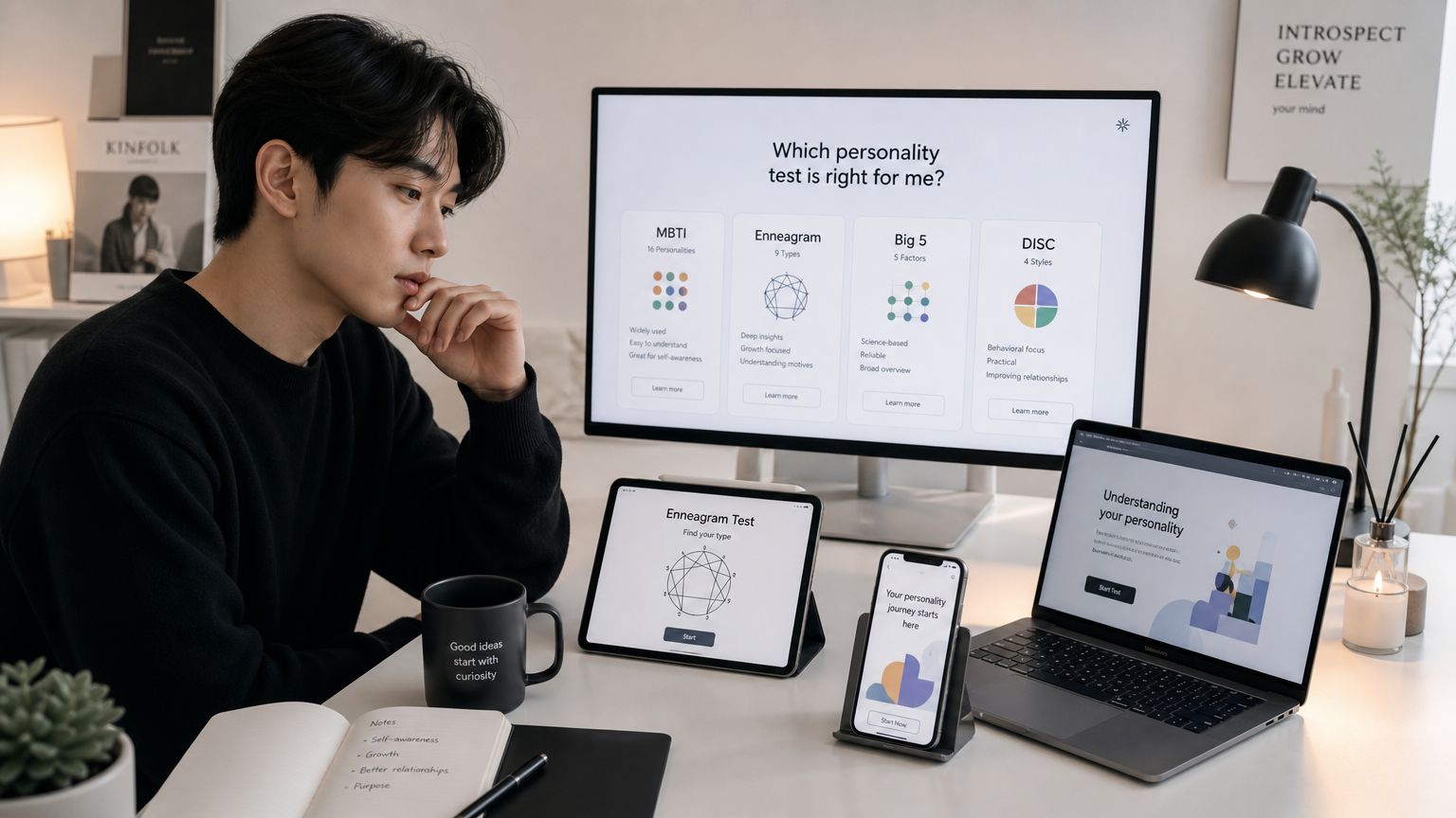 세련된 책상 위 여러 기기에서 다양한 성격 테스트 옵션을 비교하는 신중한 한국인의 모습