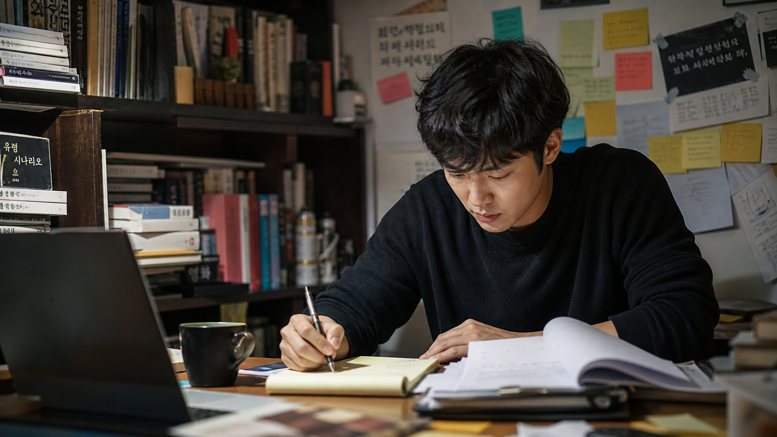 각본 작업에 몰두하는 한국인 작가의 모습